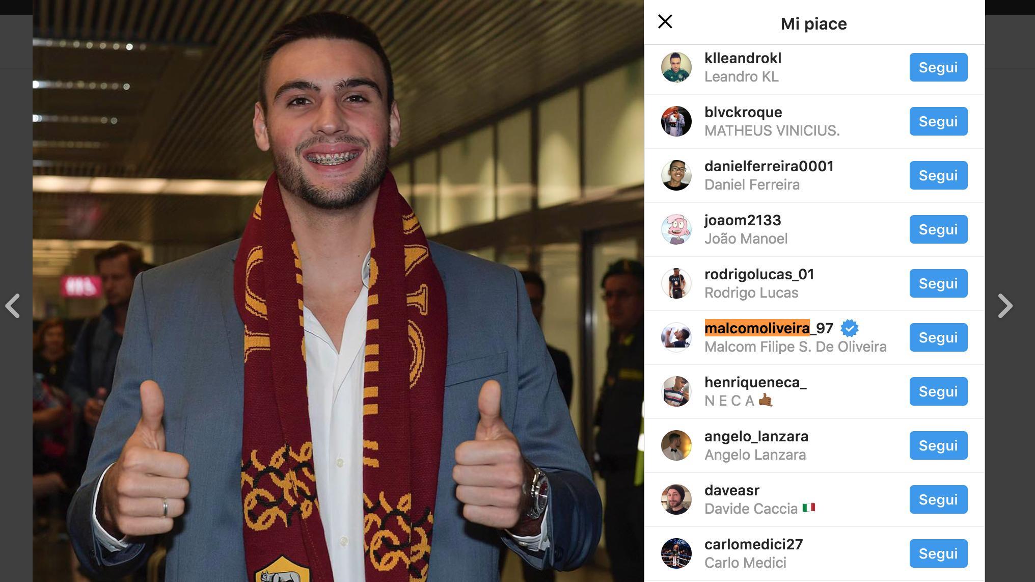 Malcom, arriva il “mi piace” alla foto di Fuzato in giallorosso