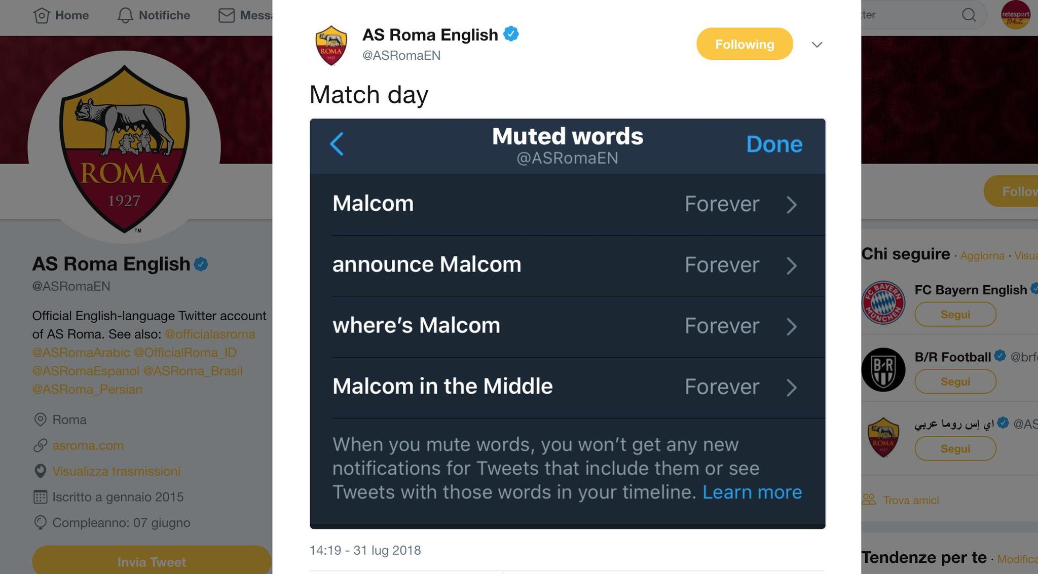 Twitter, la Roma “zittisce” Malcom