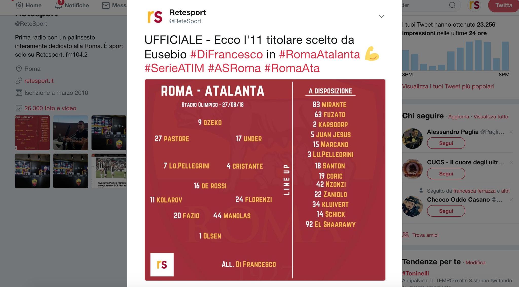 Roma-Atalanta, la formazione ufficiale: Pastore ala sinistra