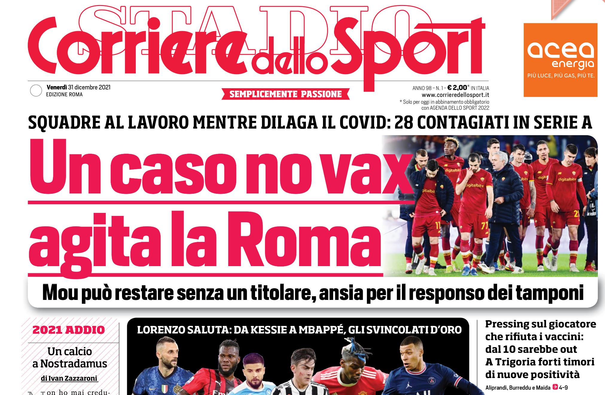 Il Corriere dello Sport: “Un No Vax nella Roma rischia di non poter più giocare”