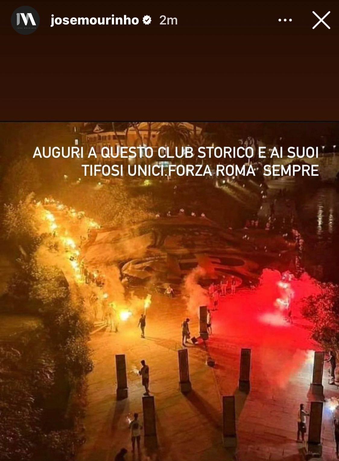 Mourinho celebra i 96 anni della Roma: “Auguri a questo club storico e ai suoi tifosi unici. Forza Roma sempre”.