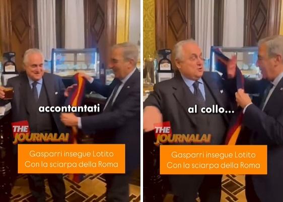 Gasparri rincorre Lotito con la sciarpa giallorossa – VIDEO