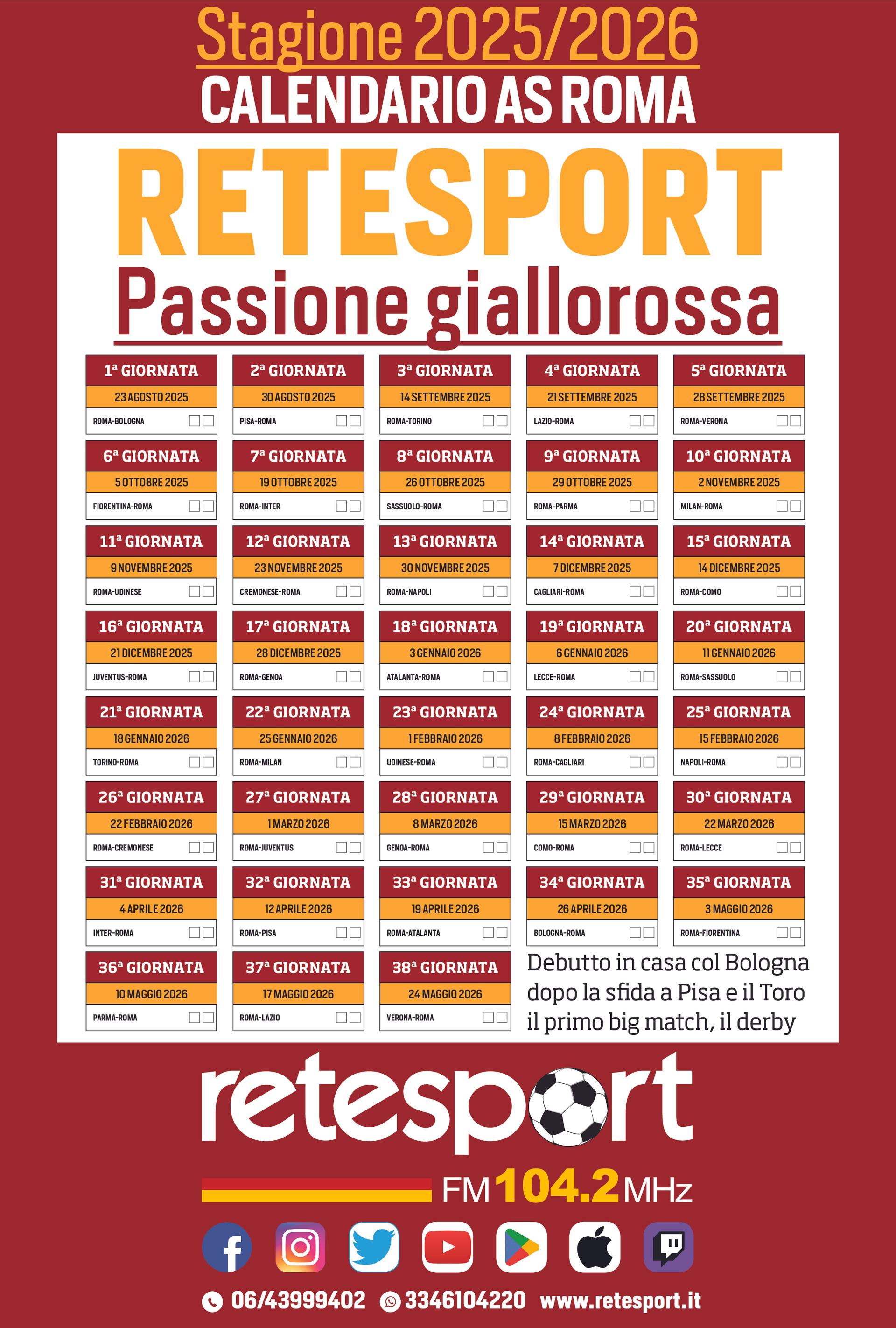 CALENDARIO ROMA 2025-2026
